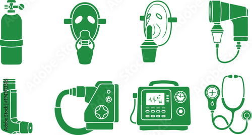 Set of medical and emergency breathing equipment icons featuring oxygen tank inhaler mask ventilator and stethoscope designs