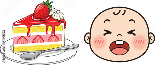 Strawberry cake slice with cream topping and crying baby face illustration set for dessert, emotion and childhood concept