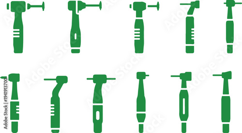 Collection of various dental handpiece tools and attachments isolated on transparent background for medical illustration