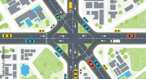 Aerial View of a Busy City Intersection with Cars.
