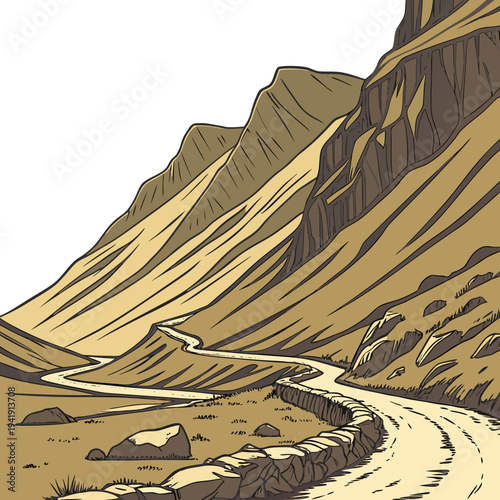 Winding road through steep mountain slopes forming narrow valley