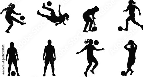 Soccer silhouettes of players kicking, running, standing, holding ball, preparing to strike, expressive movements, athletic actions, sports illustration, football vector design