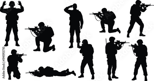 Soldier silhouettes in tactical poses, saluting, aiming rifles, crouching, kneeling, prone positions, military readiness, combat training, defense illustration, vector design, black silhouette art
