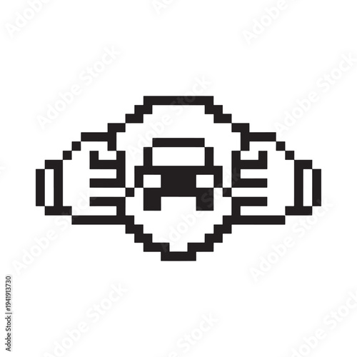 Pixelated illustration of a car within a geometric cloud like frame