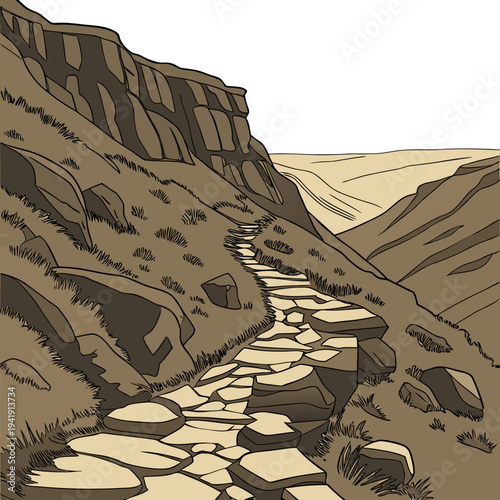 Aerial view rocky canyon path between steep hills natural scenery