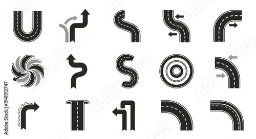 Collection of Road and Path Icons in Black and White.