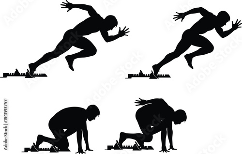 Sprinter silhouette vector illustration with starting block poses, running motion artwork, athletic design concept, track and field performance collection