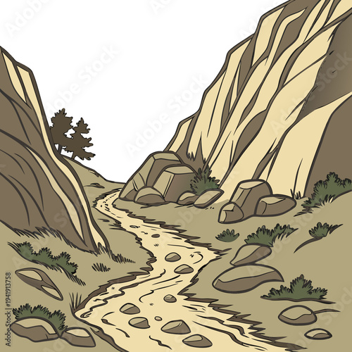 Aerial view rocky canyon path between steep hills