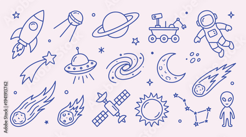 Space doodle collection with clean outline drawing. Rocket, astronaut, rover, planet, comet, satellite. Cute cosmic elements for education materials, kids coloring pages and science design.
