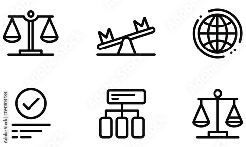 Collection of business and law related vector graphic icons on white background, featuring balance scales, seesaw, global network, checklist, and database symbols.