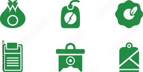Set of six simple green icons representing various office and utility functions isolated on transparent background
