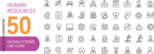 Collection of 50 editable stroke line related to human resources with purple and orange text on white background