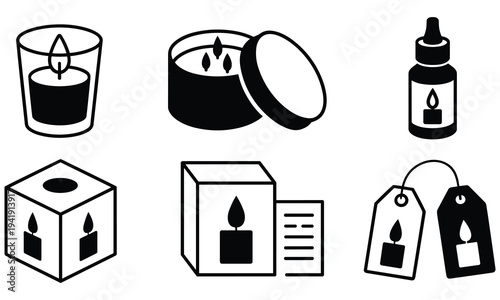 Collection of vector candle icons in various forms and packaging designs for graphic design use in home decor and relaxation spaces.