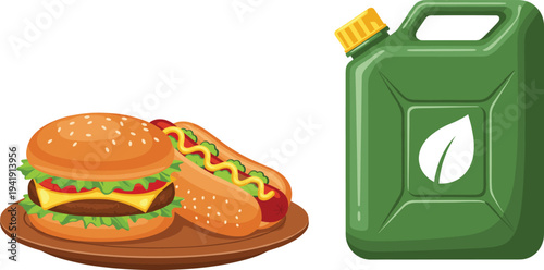 Tasty burger and hot dog on wooden plate with green eco oil container illustration for fast food and sustainable energy concept