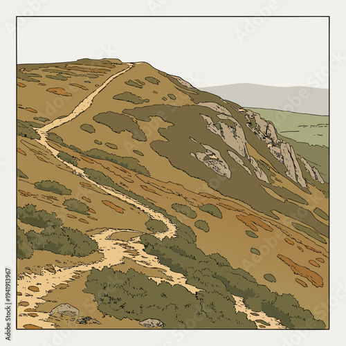 Aerial view mountain terrain valley with winding trail