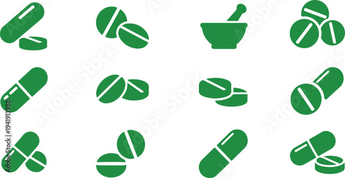 Collection of various green pill and capsule icons featuring different shapes and sizes isolated on transparent background