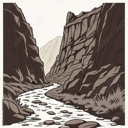 Rugged canyon path through steep rocky hills stream 1