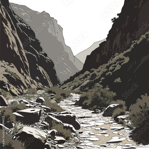 Rugged canyon path through steep rocky hills stream