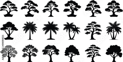 Tree silhouettes collection, diverse foliage illustration, botanical outline vector, forest nature graphic design, landscape plant art decorative icons