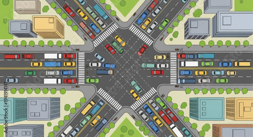 Aerial View of a Busy City Intersection with Heavy Traffic.