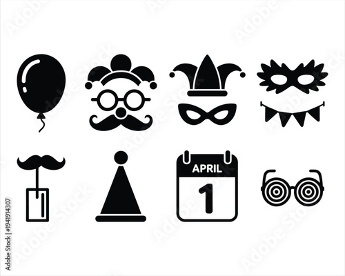 April Fools Day solid icon set in a white background. April Fools Day Celebration Icon 