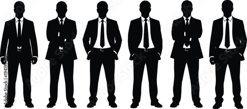 Vector illustration of businessman silhouettes in suits with formal postures symbolizing professionalism, corporate identity, diversity, culture, tradition, inclusivity, and education