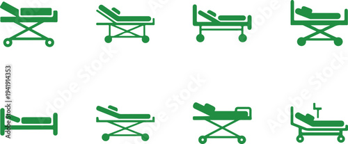 Collection of Medical Exam Stretcher and Hospital Bed Icons in Green Color Isolated Design