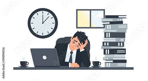 Tired businessman at office desk with laptop and books vector
