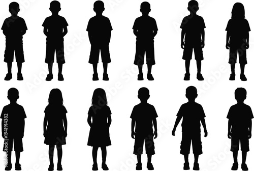 Vector illustration of children silhouettes in upright standing poses with diverse hairstyles and clothing symbolizing identity, diversity, culture, tradition, inclusivity, heritage, and education