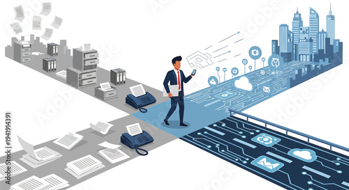 Vector illustration of businessman choosing between technology and industry
