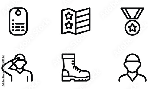 Collection of six simple vector icons representing military service and achievements in a clean design style that is modern and easily recognizable for various digital applications and user interfaces