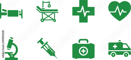 Set of medical and healthcare icons featuring hospital bed stretcher heart health first aid ambulance syringe microscope