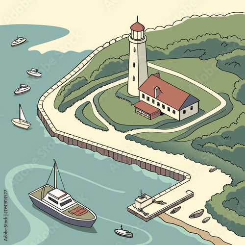 Coastal lighthouse and marina illustration with various boats and surrounding landscape