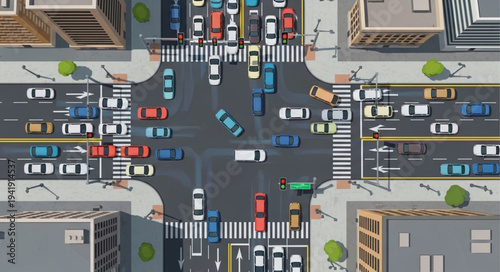 Aerial View of a Busy City Intersection with Cars.