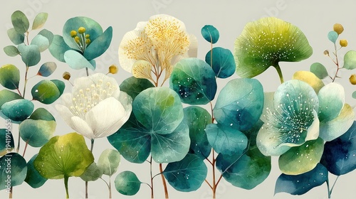 Watercolor painting showcasing soft greens and white florals on a muted background