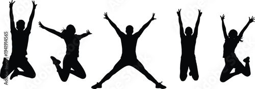 Dynamic vector illustration of five people silhouettes jumping with raised arms, concept of joy, freedom, celebration, energy, teamwork, happiness, and physical activity.