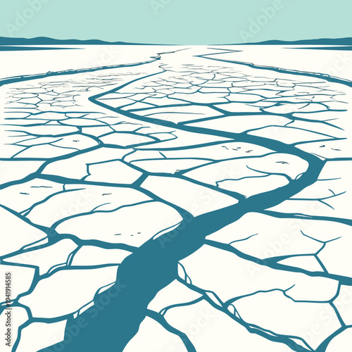 Cracked ice surface with flowing water channel and distant mountains under a pale blue sky, abstract landscape illustration