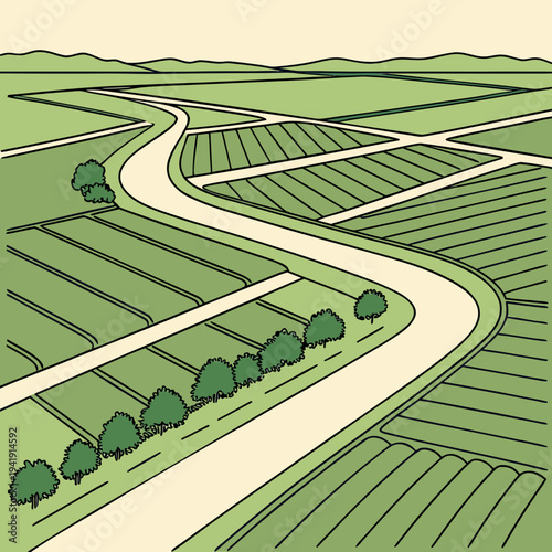 Isometric view of geometric farmland with winding paths and green fields under a soft sky