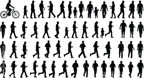 Vector illustration of human silhouettes in diverse poses including walking, running, cycling, and child interaction symbolizing motion