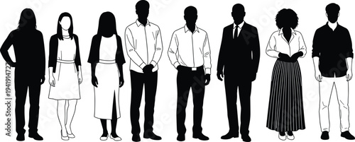 Vector illustration of human silhouettes in diverse standing poses with varied attire including suits, skirts, and casual wear symbolizing identity