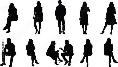 Vector illustration of human silhouettes in standing and seated conversational postures symbolizing social interaction, identity, diversity, culture, tradition, inclusivity, and education