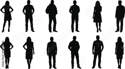 Vector illustration of human silhouettes in diverse standing postures symbolizing identity, diversity, culture, tradition, inclusivity, heritage, and education