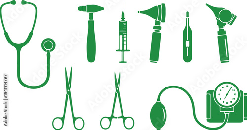 Collection of medical equipment icons featuring stethoscope syringe scissors blood pressure gauge and more isolated on transparent background