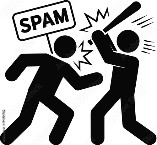 Two stick figures fighting over a sign that reads spam with a baseball bat