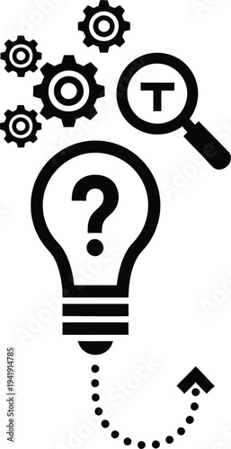 A black illustration of a lightbulb with a question mark surrounded by gears and a magnifying glass.