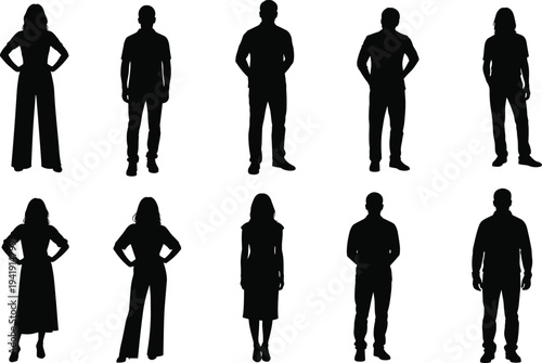 Vector illustration of human silhouettes in upright standing postures with diverse clothing styles symbolizing identity, diversity, culture, tradition, inclusivity, heritage, and education
