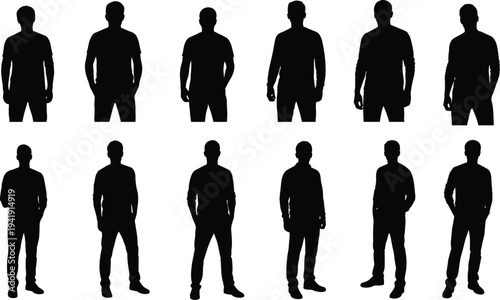 Vector illustration of male human silhouettes in diverse standing poses with varied arm and leg positions symbolizing posture, identity, diversity, culture, tradition, inclusivity, and education