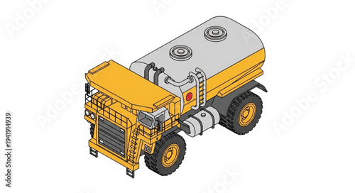 Yellow tanker truck with large storage tank on white background.