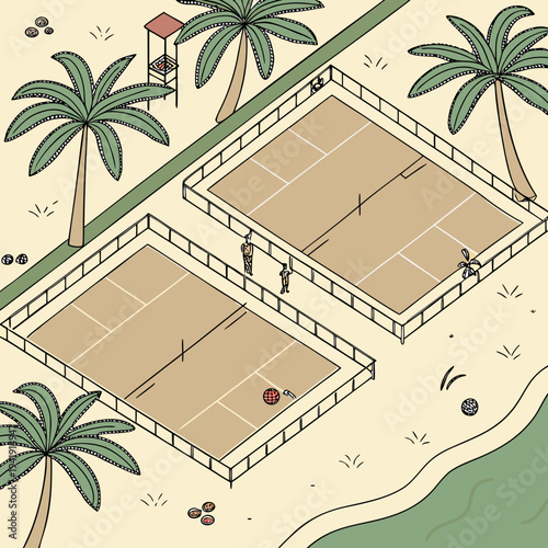 Beachside sports courts with palm trees and ocean view, isometric illustration of recreational facility