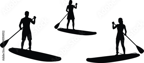 Vector illustration of paddleboarding silhouettes showing diverse attire and poses symbolizing recreation, sport, identity, diversity, culture, tradition, inclusivity, and education